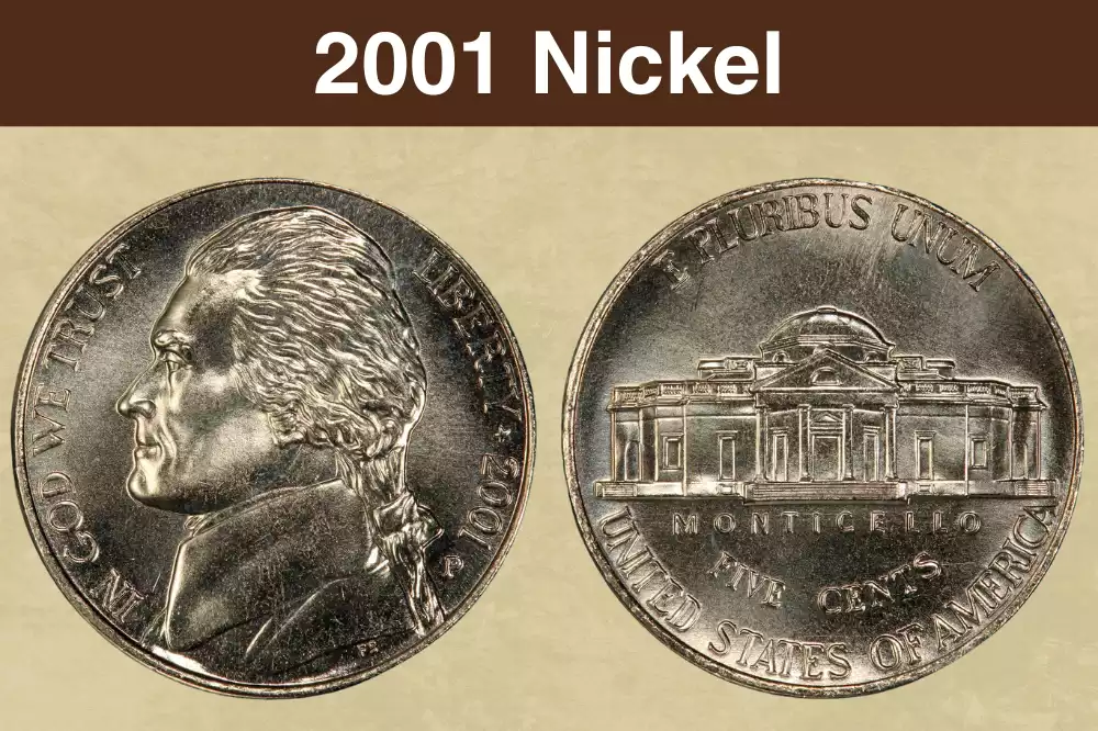 2001 Jefferson nickel obverse and reverse showing mint condition surfaces
