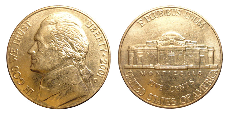 Side-by-side comparison of 2001 nickel with Full Steps vs. common strike with incomplete Monticello steps