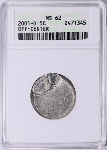2001 nickel off-center strike error showing misaligned design with visible blank crescent
