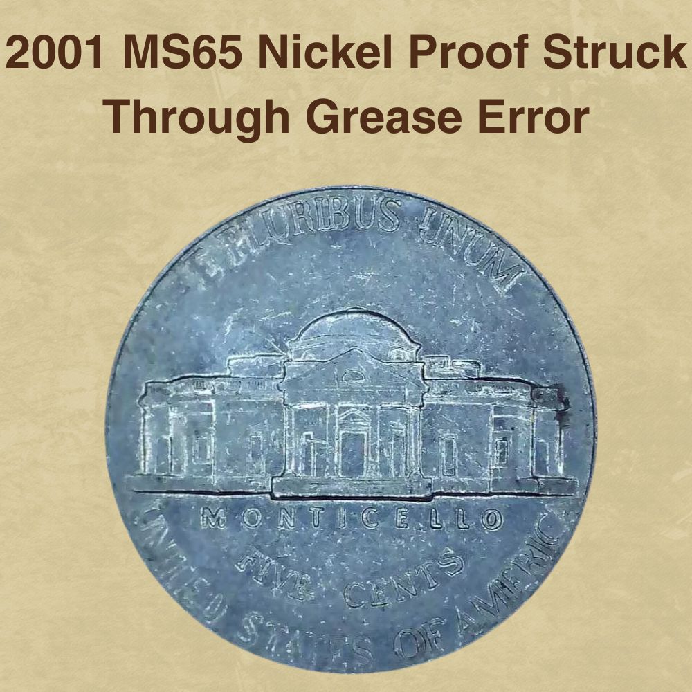 2001 nickel struck-through grease error showing blurry missing design elements from die lubricant contamination