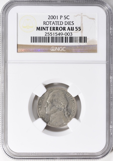 2001 nickel rotated die error showing reverse design at an unintended angle relative to the obverse
