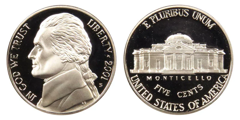 Group of 2001 Jefferson nickels from Philadelphia and Denver mints showing typical specimens in various grades