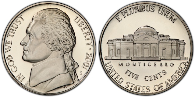 2001 Jefferson nickel grading strip showing four coins from heavily worn to gem uncirculated Full Steps condition